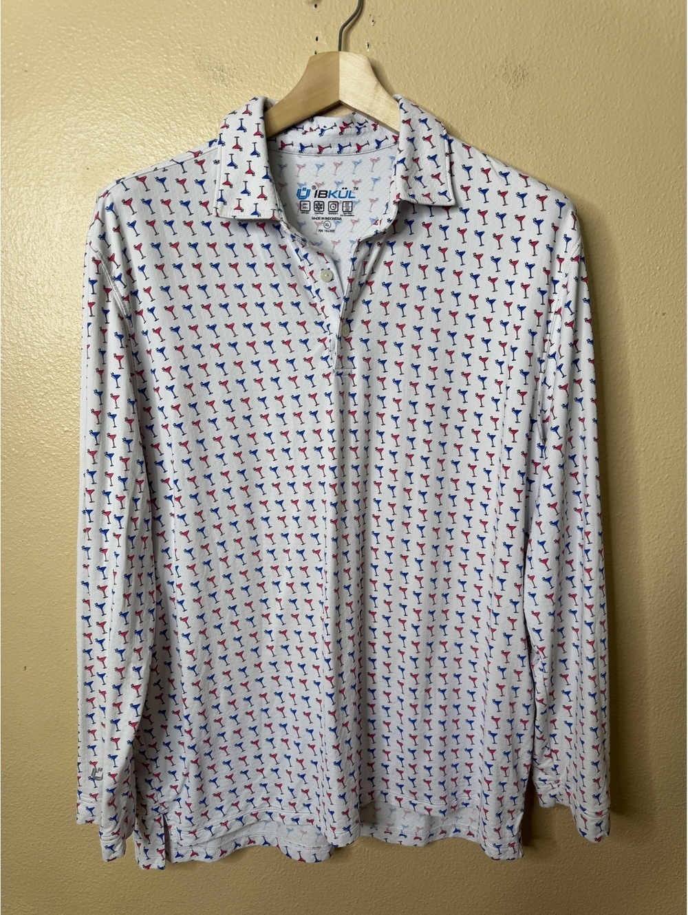 IBKUL Mens XL Golf Polo Shirt White Martini Print UPF 50+ Long Sleeve
